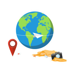 Vector illustration. Airplane flight, travelling around the world, concept of vacation trip.