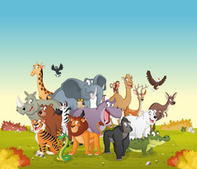 Obraz na płótnie Canvas Group of cartoon animals on green park. Vector illustration of funny happy animals. 
