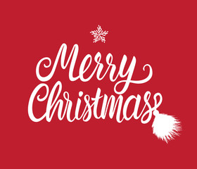 Merry Christmas white hand drawn lettering text inscription sticker. Vector illustration isolated on red background. Holiday Greeting Design Card