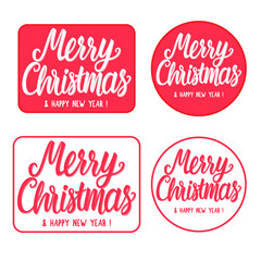 Set sign stamp typography Merry Christmas and Happy New Year on rectangular and round. Hand drawn lettering inscription isolated on white background.