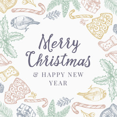 Merry Christmas and Happy New Year Abstract Pattern Background, Invitation or Greeting Card with Retro Typography. Pastel Colors Sketch Drawing Layout.