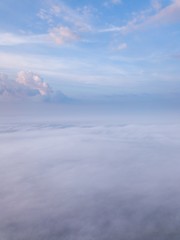 Beautiful foggy sunrise landscape from drone.