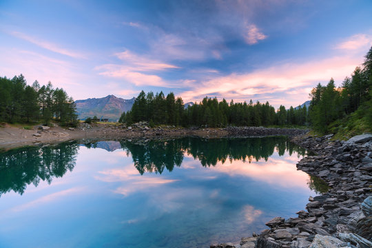 Lago Azzurro at sunrise, Spluga Valley, Sondrio province, Valtellina, Lombardy