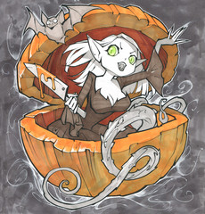 Cartoon original spooky and funny illustration with a pretty evil vampire girl. She hides in a huge pumpkin looking out of it with a knife in her hands. Hand drawn original outline drawing