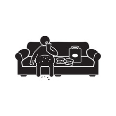 Couch potato icon. Obese person sitting on couch eating and watching tv icon. Vector.