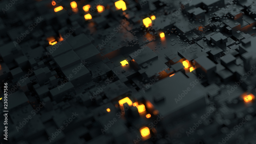 Fototapete 3d complex technology render background. multi layered segmented geometry with glow elements. render
