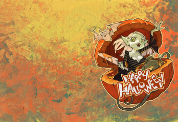 Cartoon original spooky and funny illustration with a pretty evil vampire girl. She hides in a huge pumpkin looking out of it with a knife in her hands. Hand drawn original outline drawing