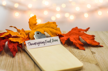 Thanksgiving Food Drive list concept on blank clipboard surrounded with bright leaves and decorative items soft background