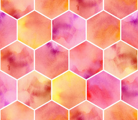 watercolor pink, orange and yellow hexagon. seamless pattern