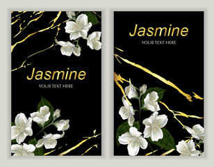 Modern design for greeting cards, wedding decorations, invitation, sales, packaging. Set of Vector banner with Luxurious jasmine flowers on dark background with Marble texture.