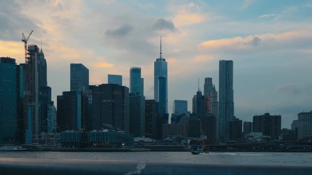 JIB EST SUNSET View of New York City Manhattan downtown skyline. 4K UHD