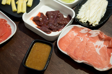Raw food prepared for Sukiyaki hotpot