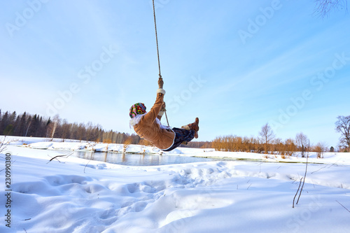 Russian Fun Girl Swinging On A Swing In Winter Happy Time