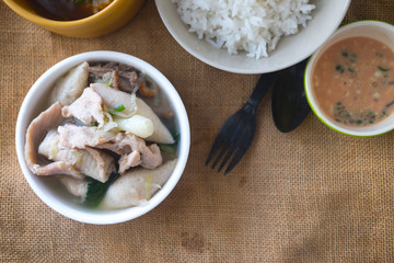 Pork sukiyaki soup served with rice and sauce