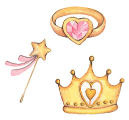 Watercolor fairy crown magic wand on white background.