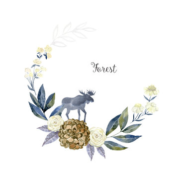 Watercolor wild animal silhouette with floral frame