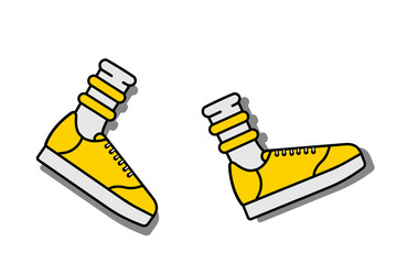 Vector illustration icon of socks and sport running shoes (sneakers). Black outline, yellow color. White background