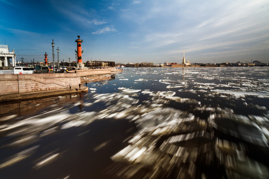 ice drift on the Neva River in St. Petersburg, Russia