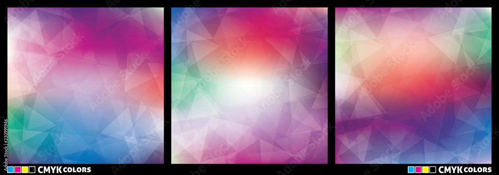 Aufkleber Set of bright patterns textured by triangles. Colorful backgrounds
