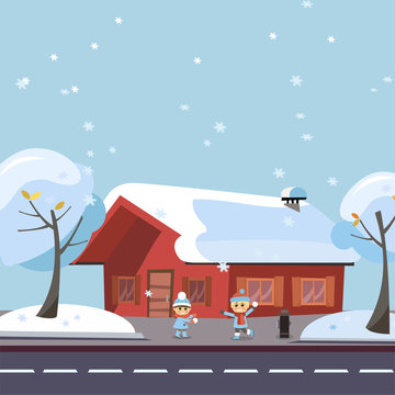 Flat vector winter scene children playing snowball fights. Happy kids boy and girl playing snowball fight game in front of the snowy house and trees by the road at Winter Season. Holiday banner, card