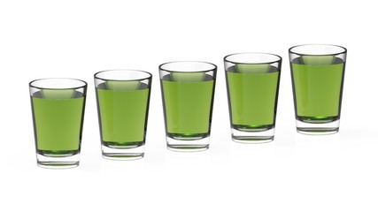 Five glasses with green tea 3d rendering
