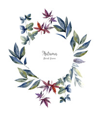 Watercolor circle floral frame on white background