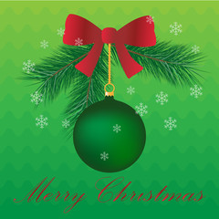 Naklejka premium green christmas ball and pine twigs with red ribbon