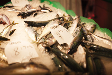 Sale of mackerel in La Boqueria market, Barcelona 25 September 2018