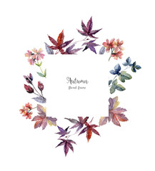 Watercolor floral frame in autumn colors on white