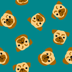 vector dog pug head seamless pattern on dark blue green