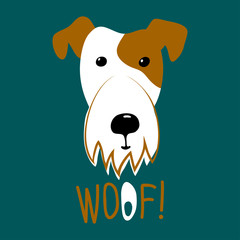 vector dog white fox terrier word woof on dark background childish design for textile paper kids things