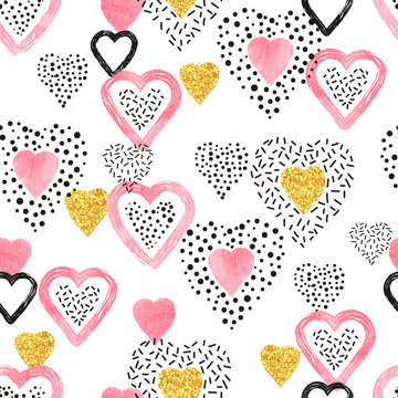 Golden and pink heart pattern. Valentine's Day seamless background.