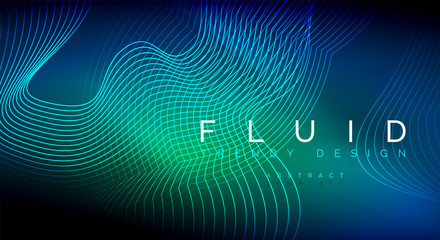 Blue neon particles glowing fluid wave lines, magic energy space light concept, abstract background wallpaper design