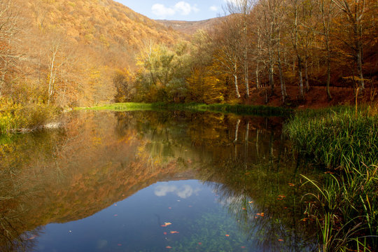 Lake Grza near the Paracin town. Pond with weird reflection in autumn, sunny day