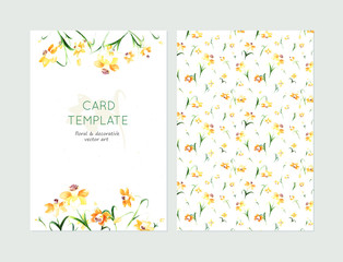 Lovely spring card templates. Awesome yellow daffodils made in watercolor technique. Lovely romantic card templates with spring flowers.
