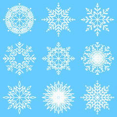 Fototapeta premium Vector collection of artistic icy abstract crystal snow flakes isolated on background as winter december decoration group or collection. Ice or frost beautiful star ornament silhouette or season art