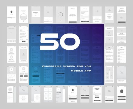 50 in 1 UI kits. Wireframes screens for your mobile app. GUI template on the topic of singup login . Development interface with UX design. Vector illustration. Eps 10