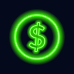 Neon dollar sign on a dark background. Wealth, Success concept.