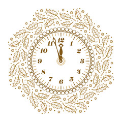 New Year vector clock with Christmas plants decoration