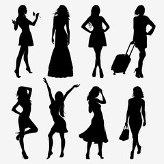 Silhouettes women. A lot of vector black silhouettes of beautiful women on white background
