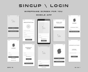 10 in 1 UI kits. Wireframes screens for your mobile app. GUI template on the topic of singup login . Development interface with UX design. Vector illustration. Eps 10