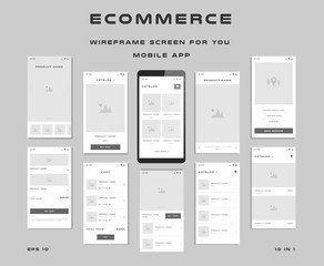 10 in 1 UI kits. Wireframes screens for your mobile app. GUI template on the topic of ecommerce . Development interface with UX design. Vector illustration. Eps 10
