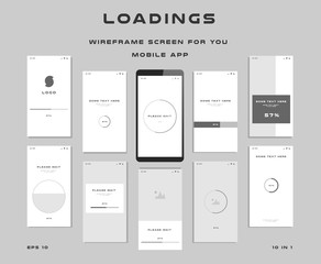 10 in 1 UI kits. Wireframes screens for your mobile app. GUI template on the topic of loadings . Development interface with UX design. Vector illustration. Eps 10