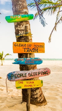 Wooden signs on Banderas Island in the San Blas Islands, Kuna Yala, Panama