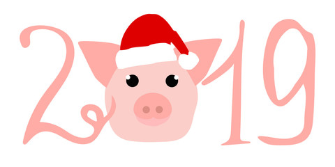 Happy new year 2019 logo design with chinese pig symbol in Santa's hat. Hand drawn vector illustration for calendar, Cristmas greeting card or poster isolated on white background