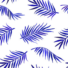 Fototapeta na wymiar Watercolor seamless pattern with blue palm leaves