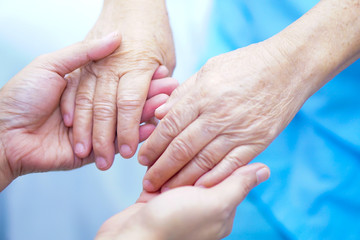 Holding Touching hands Asian senior or elderly old lady woman patient with love, care, helping,...