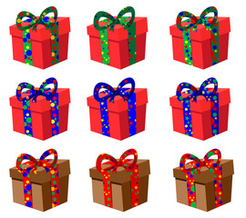 Set of nine gift boxes of different colors
