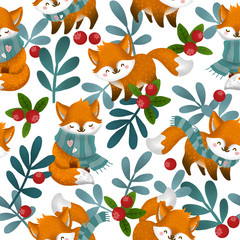 seamless cute pattern of a winter forest and animal fox. Christmas card with berry and foxes.