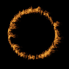 Conceptual yellow orange hot raging blaze of fire, circle round ring flame shape isolated black background. A abstract flammable danger inferno realistic burn fiery heat energy efect 3D illustration